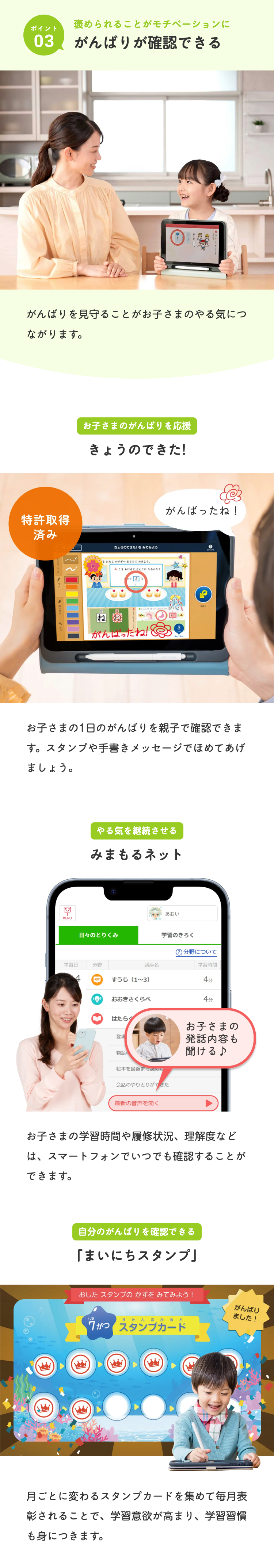 褒められることがモチベーションに
ポイント
03 がんばりが確認できる
がんばりを見守ることがお子さまのやる気につ
ながります。
特許取得
済み
お子さまのがんばりを応援
きょうのできた!
ද
きょうのできた! を みてみよう
おなじかずさらにわけよう。
4こをわけるとなんこになるかな?
2
がんばったね!
がんばったね!
完成!
お子さまの1日のがんばりを親子で確認できま
す。スタンプや手書きメッセージでほめてあげ
ましょう。
MENU
やる気を継続させる
みまもるネット
あおい
日々のとりくみ
学習のきろく
?分野について
学習日
分野
講座名
学習時間
4
ABC
すうじ (1~3)
4 分
おおきさくらべ
4分
はたらく
登場
お子さまの
発話内容も
物語の
絵本を最後まで読めた
聞ける♪
会話のやりとりができた
最新の音声を聞く
お子さまの学習時間や履修状況、理解度など
は、スマートフォンでいつでも確認することが
できます。
自分のがんばりを確認できる
「まいにちスタンプ」
おしたスタンプのかずをみてみよう!
しち
すたんぶかあ
7がつスタンプカード
がんばり
ました!
月ごとに変わるスタンプカードを集めて毎月表
彰されることで、 学習意欲が高まり、学習習慣
も身につきます。