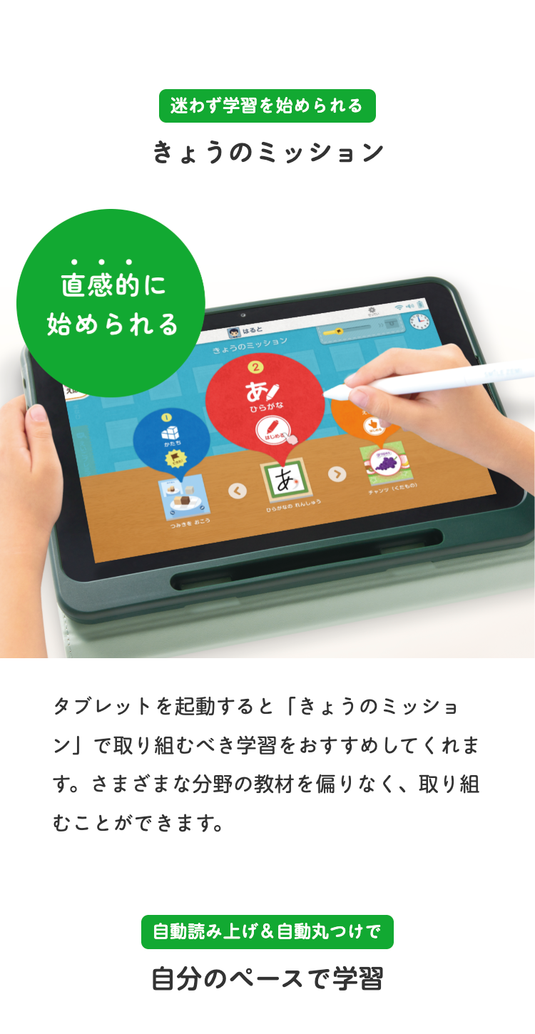 直感的に
迷わず学習を始められる
きょうのミッション
始められる
はると
きょうのミッション
かたち
あ!
ひらがな
はじめざ
つみきをおこう
ひらがなのれんしゅう
チャンツ (くだもの
タブレットを起動すると 「きょうのミッショ
「ン」で取り組むべき学習をおすすめしてくれま
す。さまざまな分野の教材を偏りなく、取り組
むことができます。
自動読み上げ&自動丸つけで
自分のペースで学習