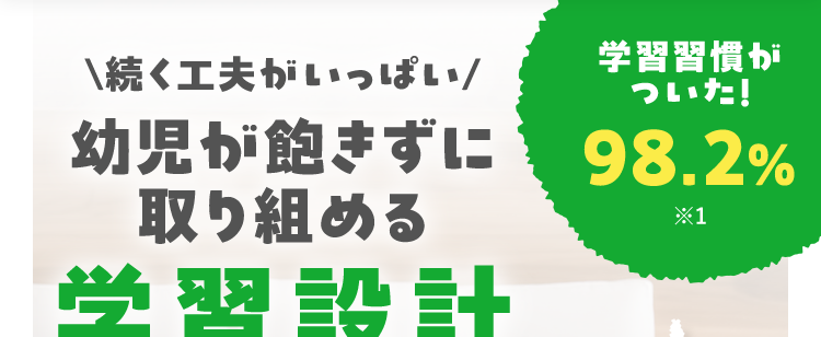 続く工夫がいっぱい/
幼児が飽きずに
取り組める
学習設計
学習習慣が
ついた!
98.2%
X1
書く学びで
身につく
一人で
できた!
キ
キ
※1:スマイルゼミ 幼児コース会員の保護者を対象としたWebアンケートで、スマイルゼミを
始めて「学習習慣が身についたと感じる」 または 「どちらかというと、以前より学習するよ
うになった」と回答した方の割合。
集計期間:2025年8月8日 (金)~8月18日 (月) 有効回答数:341件
約2週間無料で
お試しできる!