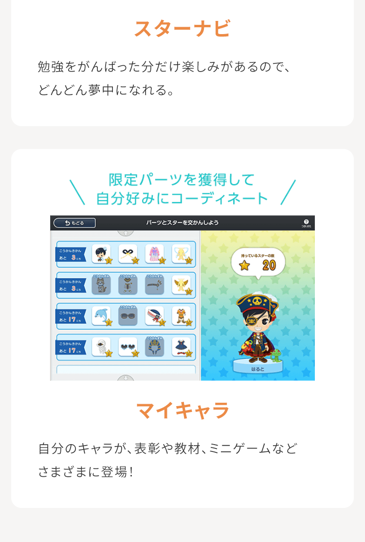 スターナビ
勉強をがんばった分だけ楽しみがあるので、
どんどん夢中になれる。
もどる
限定パーツを獲得して
自分好みにコーディネート
こうかんきかん
あと
3
こうかんきかん
あと
こうかんずり
こうかんきかん
あと17.
こうかんきかん
あと17 こち
パーツとスターを交かんしよう
持っているスターの数
20
はると
マイキャラ
自分のキャラが、 表彰や教材、 ミニゲームなど
さまざまに登場!
ค