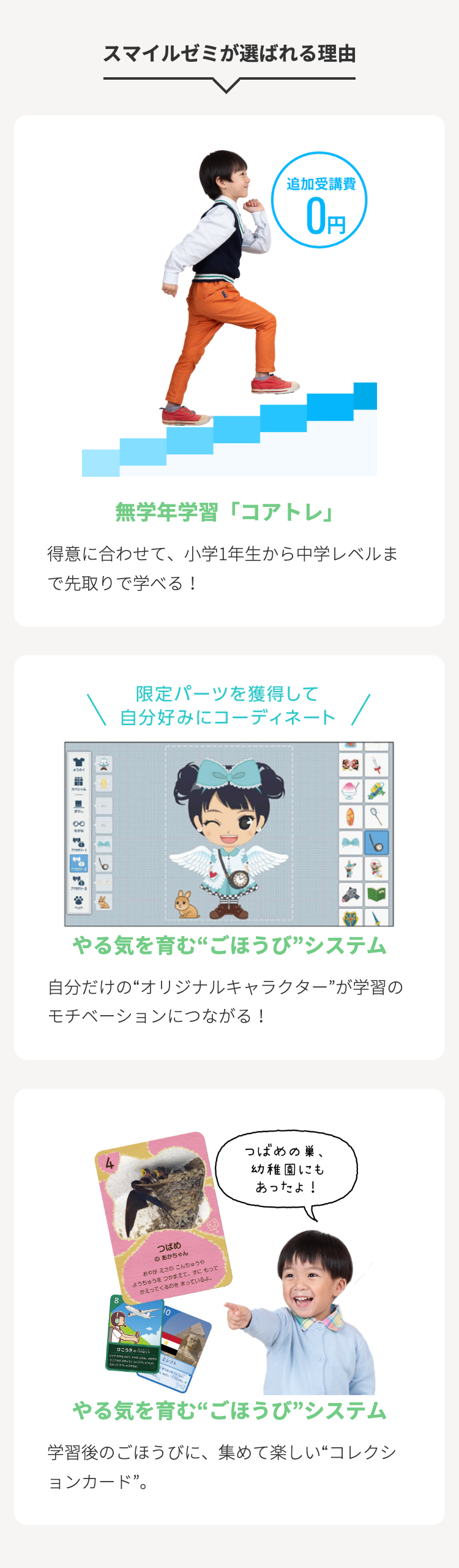 スマイルゼミが選ばれる理由
追加受講費
0円
無学年学習 「コアトレ」
得意に合わせて、 小学1年生から中学レベルま
で先取りで学べる!
8
限定パーツを獲得して
自分好みにコーディネート
やる気を育む” ごほうび”システム
自分だけの“オリジナルキャラクター”が学習の
モチベーションにつながる!
つばめ
このあかちゃん
おやがえさのこんちゅうや
ようちゅうをつかまえてずにもって
かえってくるのをまっているよ。
ひこうき
10
つばめの巣
幼稚園にも
あったよ!
やる気を育む“ごほうび”システム
学習後のごほうびに、集めて楽しい“コレクシ
ョンカード”。