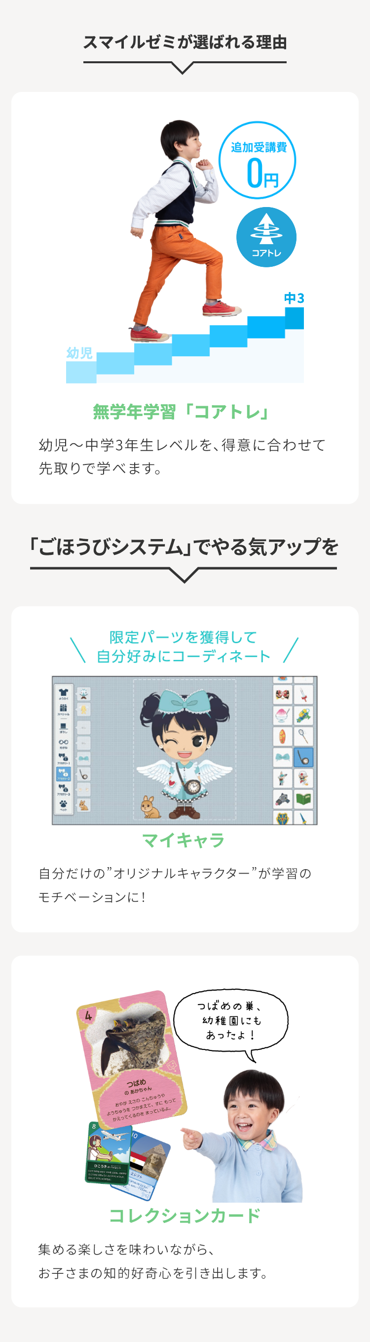 幼児
スマイルゼミが選ばれる理由
追加受講費
0円
コアトレ
中3
無学年学習 「コアトレ」
幼児~中学3年生レベルを、得意に合わせて
先取りで学べます。
「ごほうびシステム」でやる気アップを
00
限定パーツを獲得して
自分好みにコーディネート
マイキャラ
自分だけの”オリジナルキャラクター”が学習の
モチベーションに!
つばめ
のあかちゃん
おやがえさのこんちゅうや
ようちゅうをつかまえて、 すにもって
かえってくるのをまっているよ。
ひこうき パイロット
つばめの巣、
幼稚園にも
あったよ!
コレクションカード
集める楽しさを味わいながら、
お子さまの知的好奇心を引き出します。