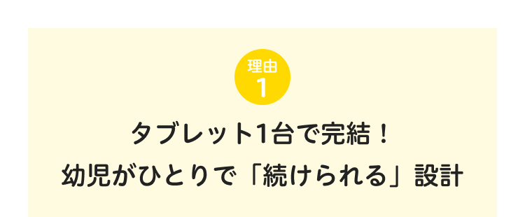 理由
1
タブレット1台で完結!
幼児がひとりで 「続けられる」設計