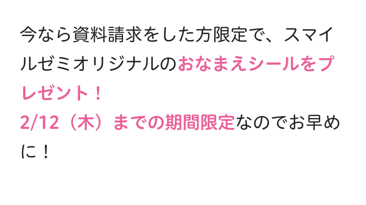 今なら資料請求をした方限定で、スマイ
ルゼミオリジナルのおなまえシールをプ
レゼント!
2/12(木)までの期間限定なのでお早め
に!